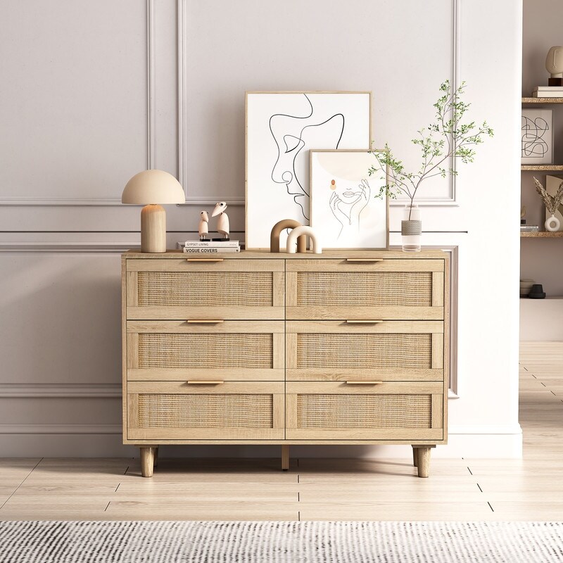 6 Drawer Dresser for Bedroom， Modern Rattan Closet Dressers Chest of Drawers， Wood Storage Cabinets Corner Bedside Table - - 37851519