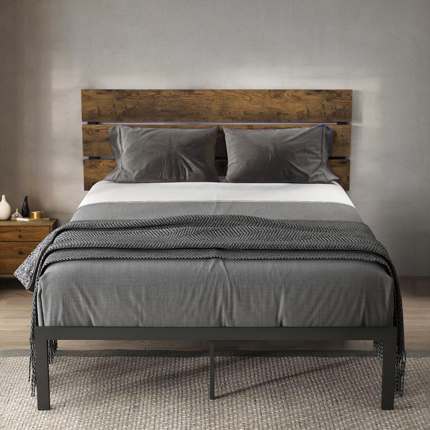 Platform Bed Frame with Wooden Headboard and Metal Slats, Queen/Full