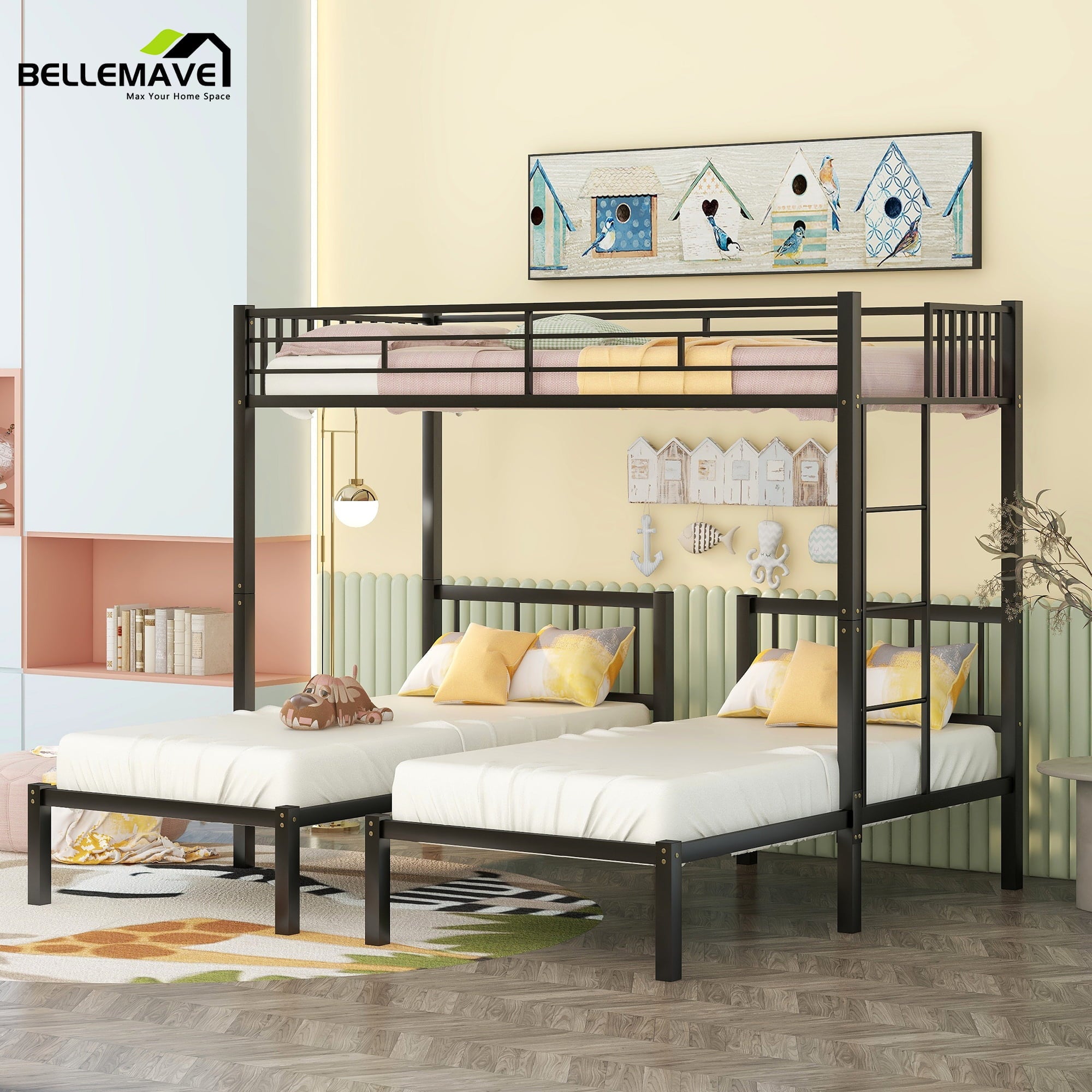 Bellemave Metal Triple Bunk Bed with Ladder, Twin over Twin over Twin Bunk Bed for Kids, Boys & Girls in Bedroom, Convert into 3 Twin Bed, Black