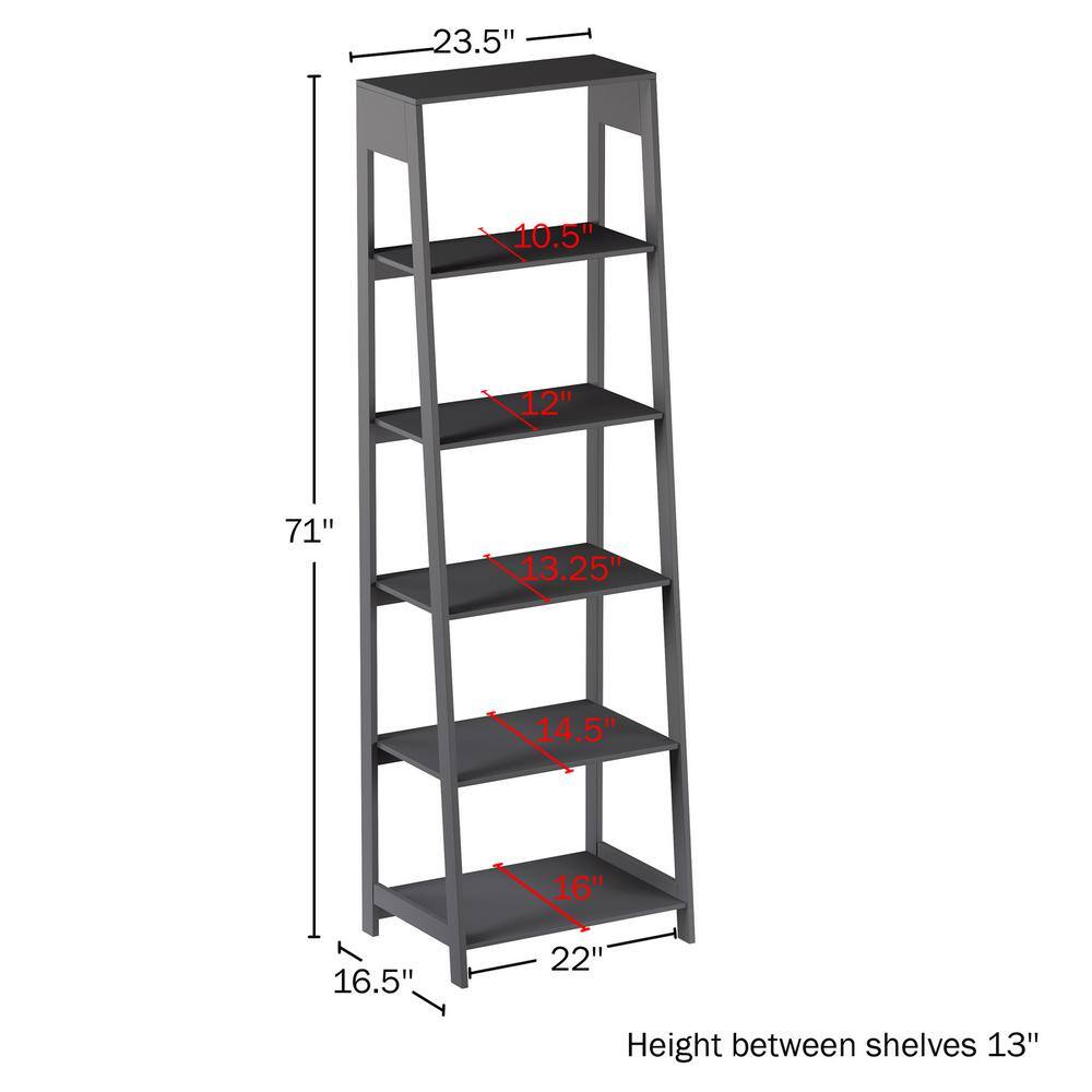 71 in. Gray Wooden 5-Shelf Leaning Ladder Bookcase 335226UNF