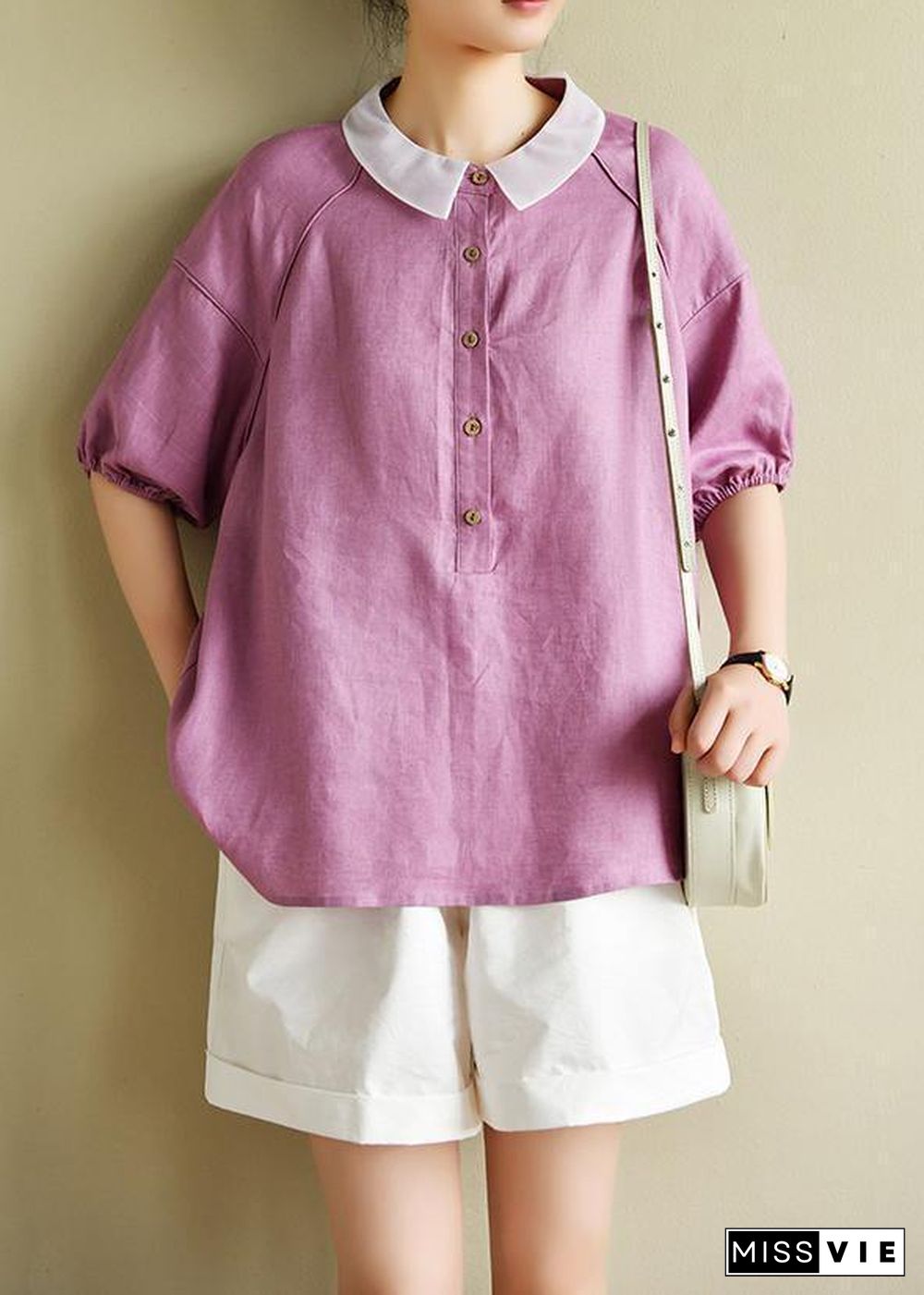 Modern light purple clothes For Women lapel half sleeve silhouette summer shirts