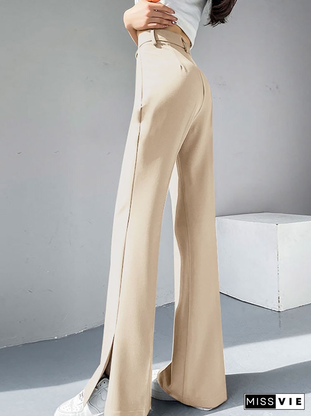 High Waist Solid Double Slit Hem Casual Pants