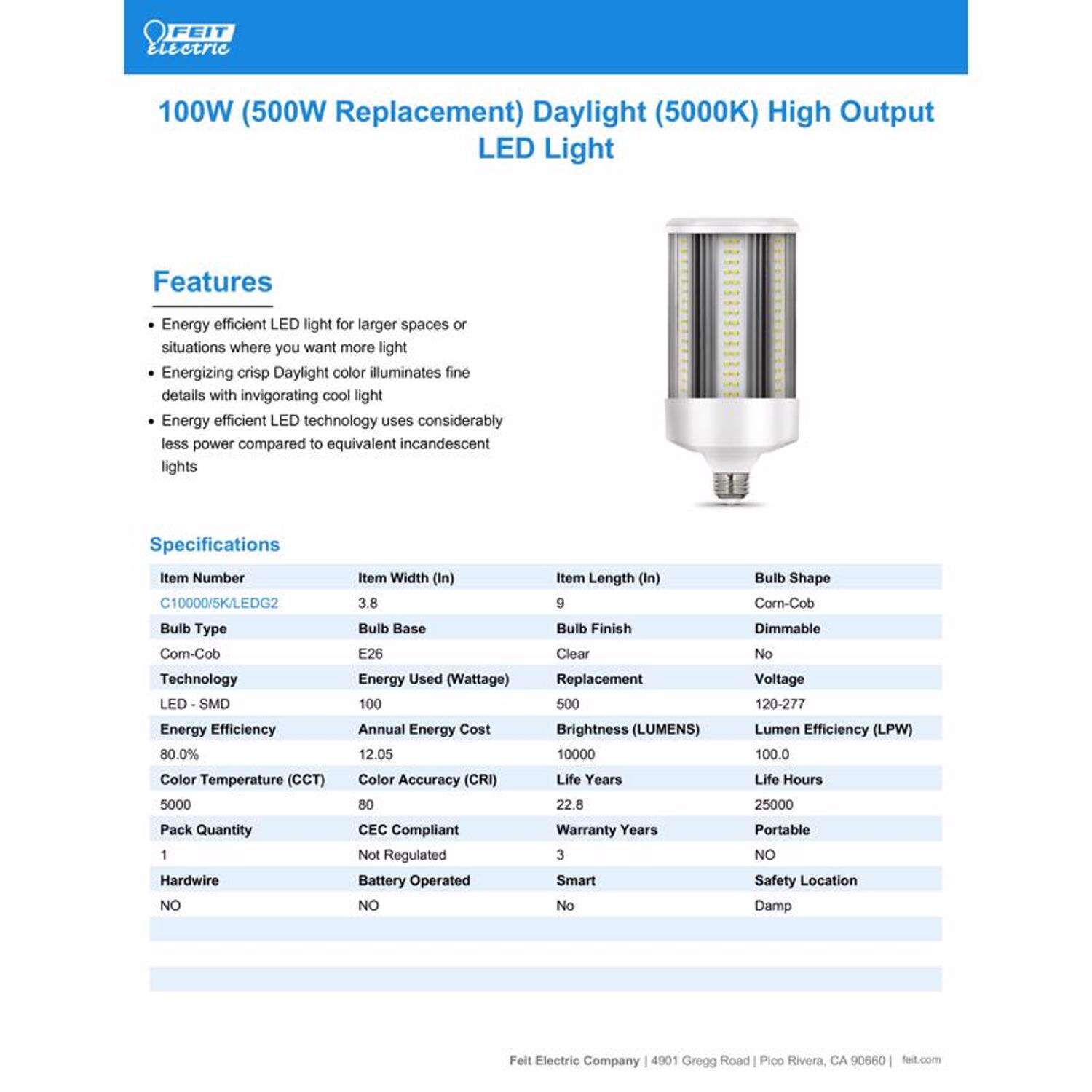 Feit LED E26 E26 (Medium) LED Bulb Daylight 500 Watt Equivalence 1 pk