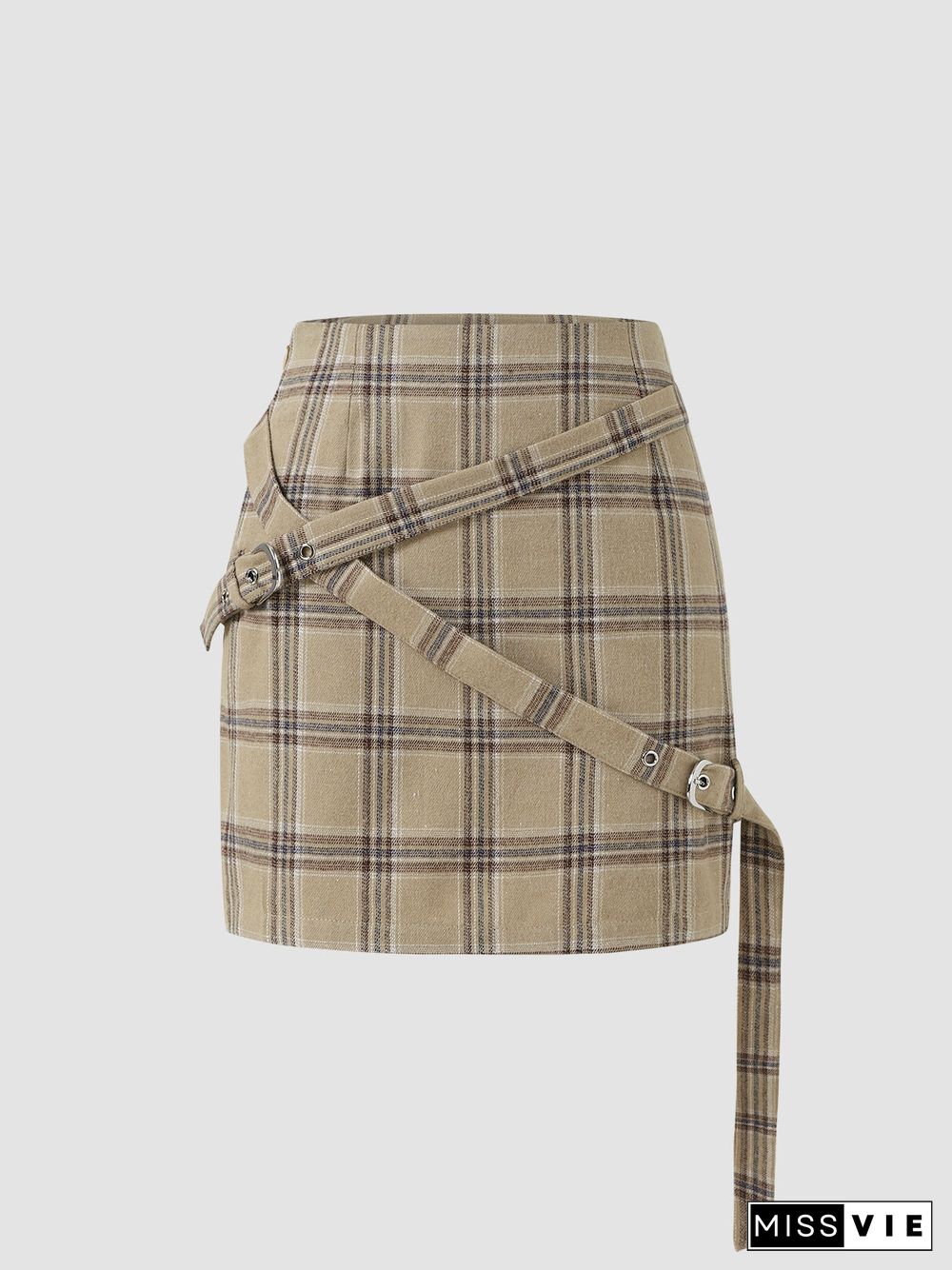 Check Pattern Belt Invisible Zip Mini Skirt