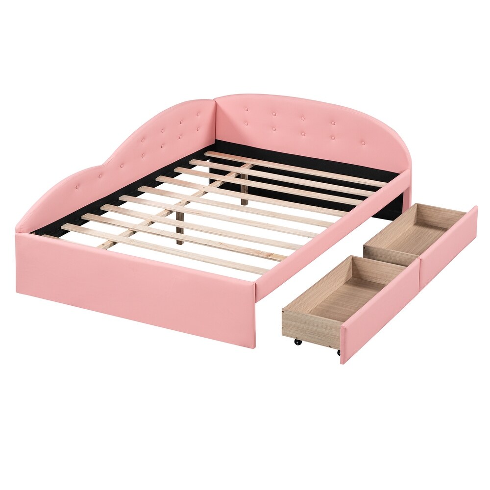 Pink Full Size PU Upholstered Tufted Daybed Wood Platform Bed Frame