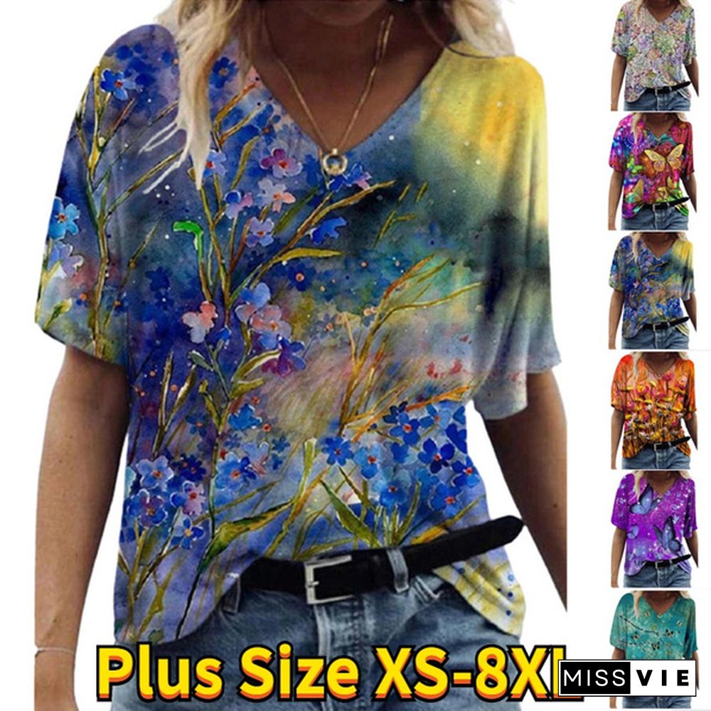 Women 3D Flower Print T Shirt Abstract Top Summer New Fashion Street Casual V-Neck Loose Tee Oversized Ladies Cotton Tops Plus Size XS-8XL