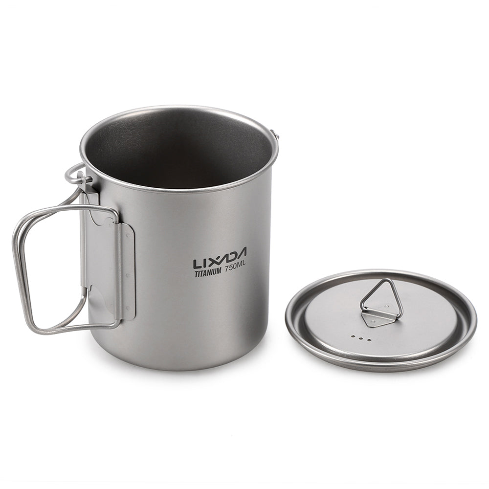 Lixada Ultralight 750ml Titanium Pot Portable Titanium Mug Cup with Lid and Foldable Handle Outdoor Camping Cooking Picnic