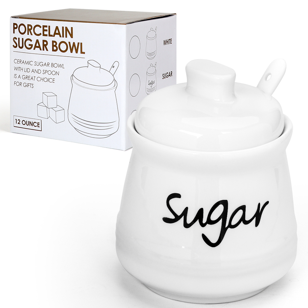 Quyimy Porcelain Sugar Bowl 12 fl oz with Lid and Spoon Ceramic Sugar Jar Dispenser Container(White)