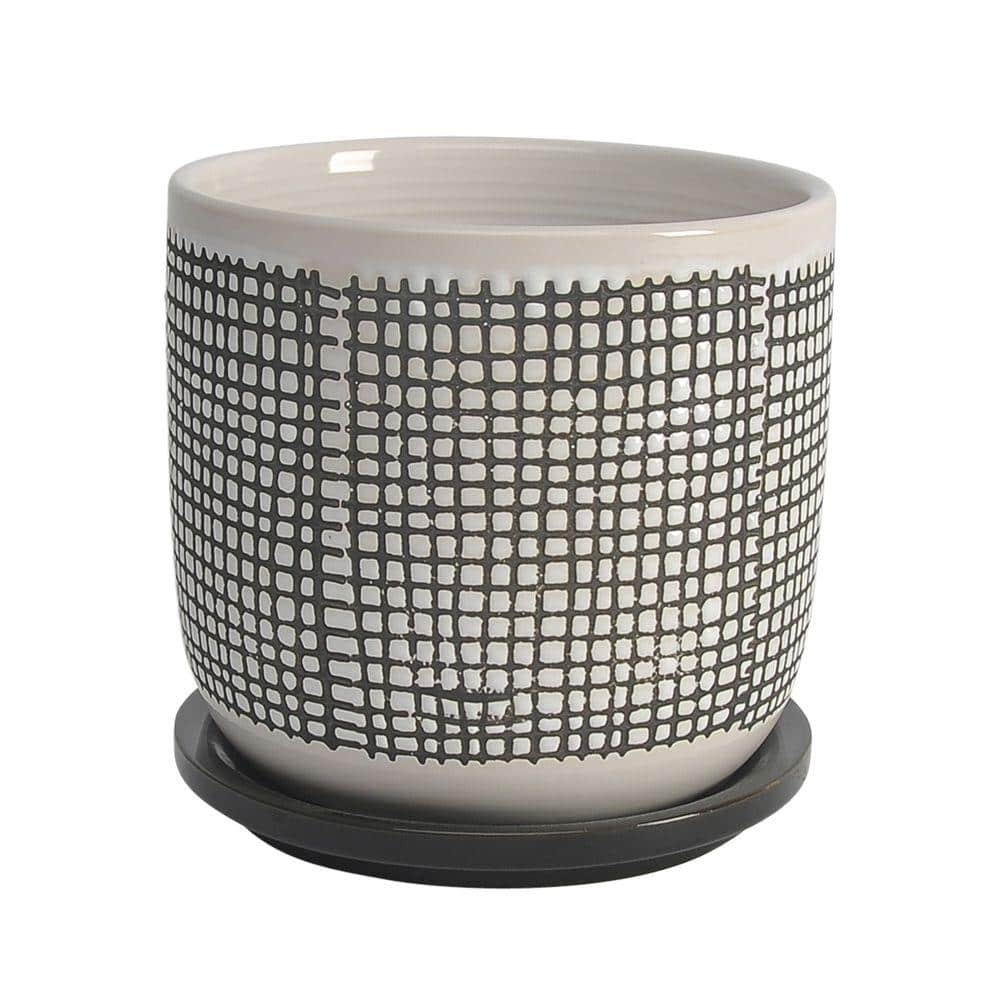 Benjara 6 in. Gray Ceramic Mesh Design and Saucer Planter BM266290