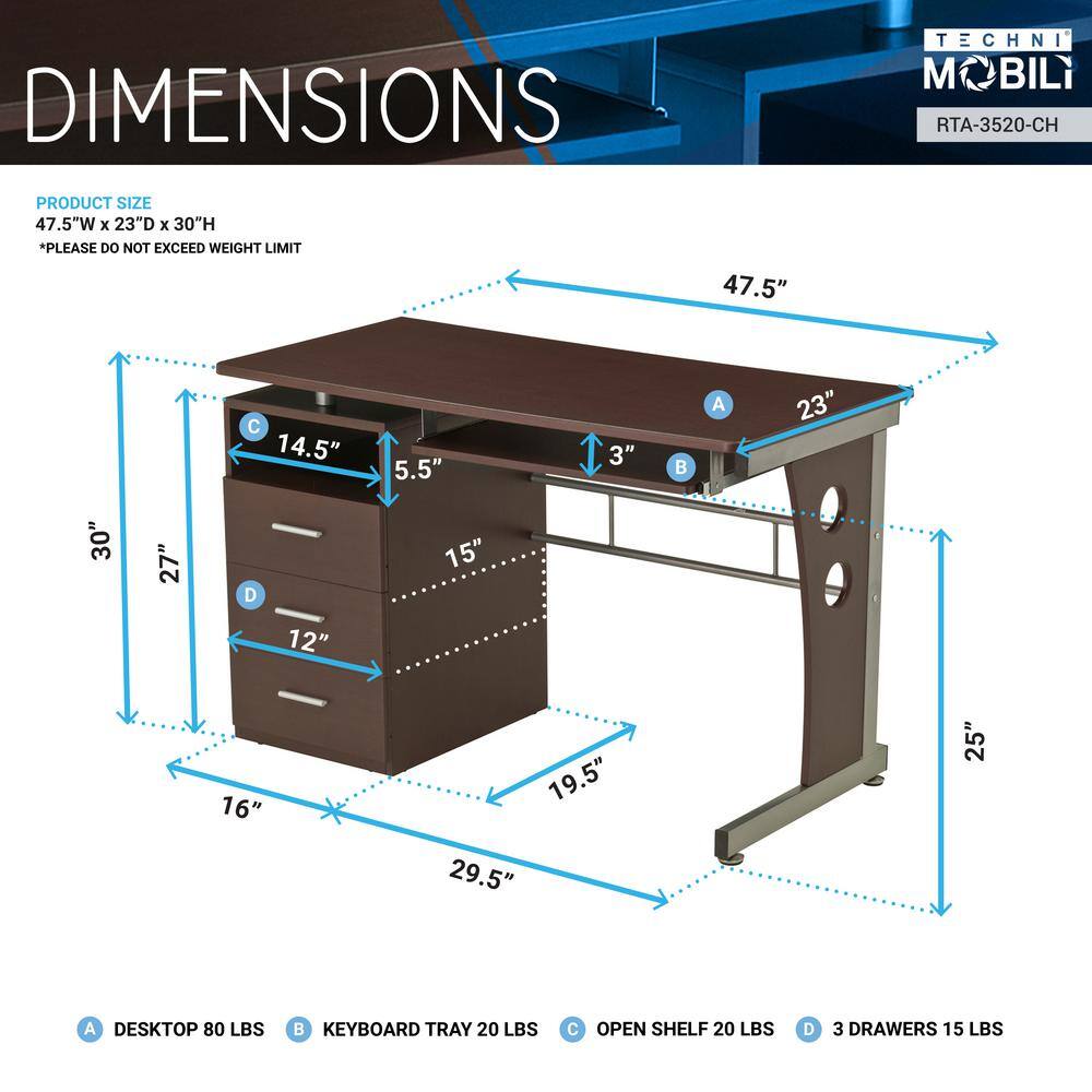 TECHNI MOBILI 48 in. Rectangular Chocolate 3 Drawer Computer Desk with Keyboard Tray RTA-3520-CH36