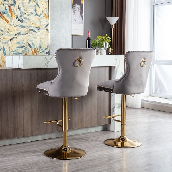 Modern Swivel Bar Stools Set of 2 Adjustable Counter Height with Velvet Upholstered Stool with High Back and Ring Pull