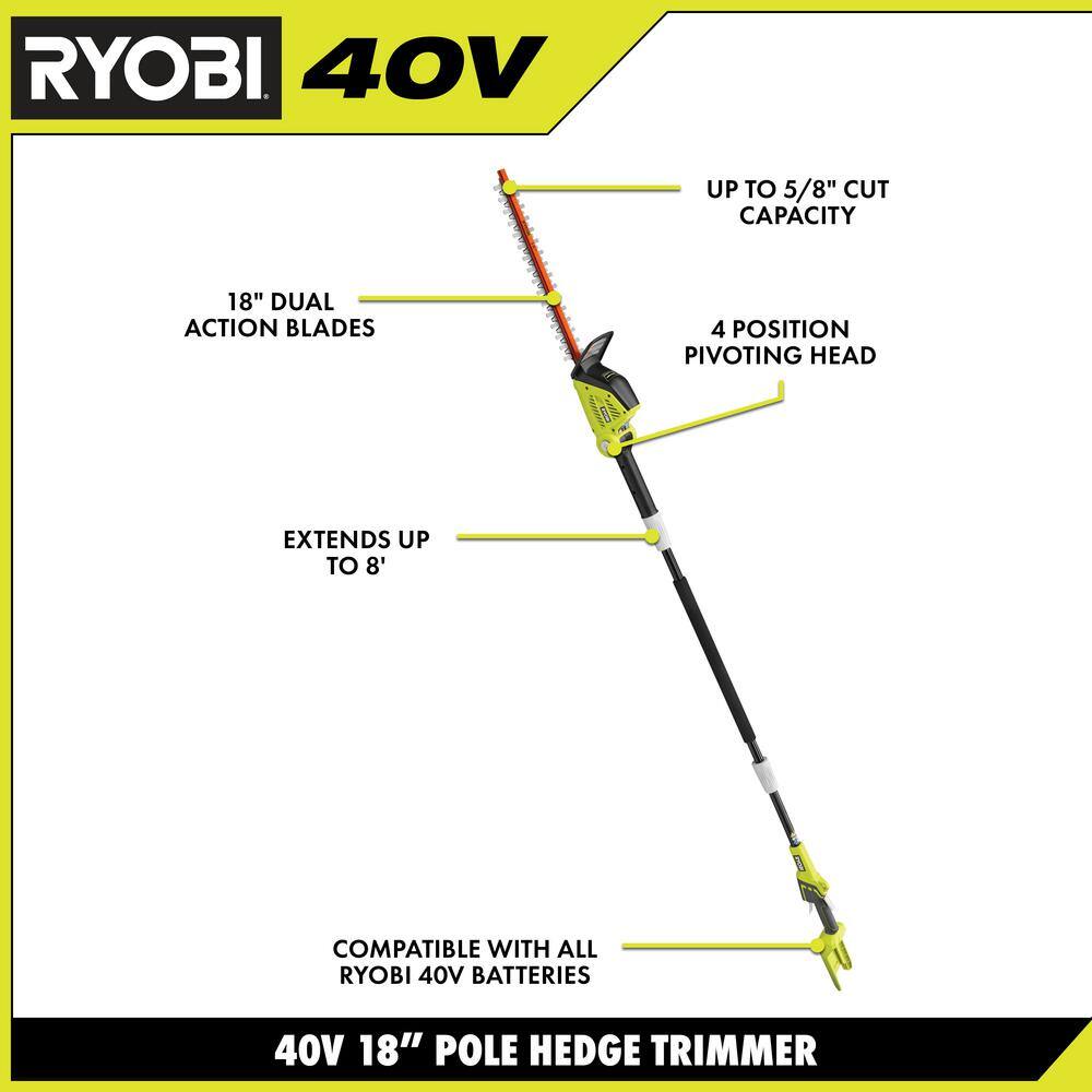 RYOBI 40V 18 in. Cordless Battery Pole Hedge Trimmer with 2.0 Ah Battery and Charger RY40630