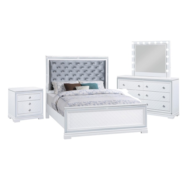 Upholstered Eastern King Bedroom Set in Silver and White - - 36135708