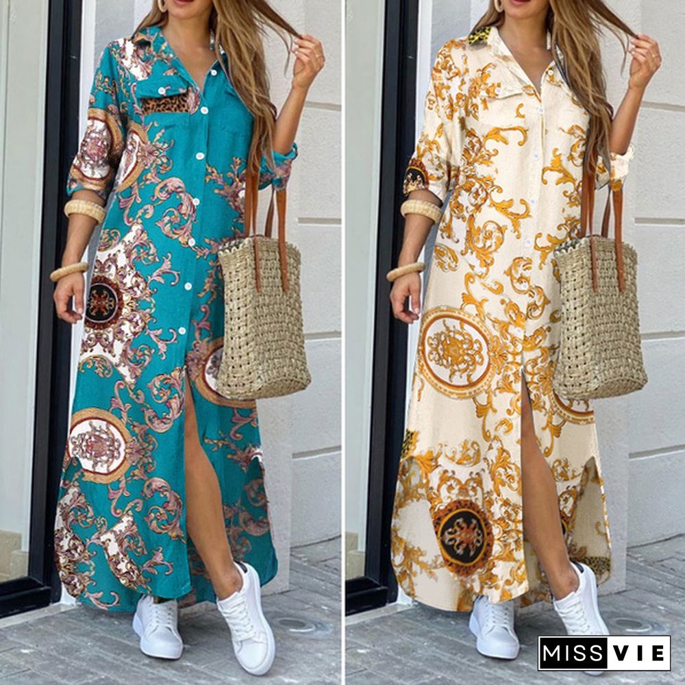 S-5XL Women Fulll Sleeved Kaftan Dress Chains Printed Side Fork Casual Loose Long Wedding Holiday Dress