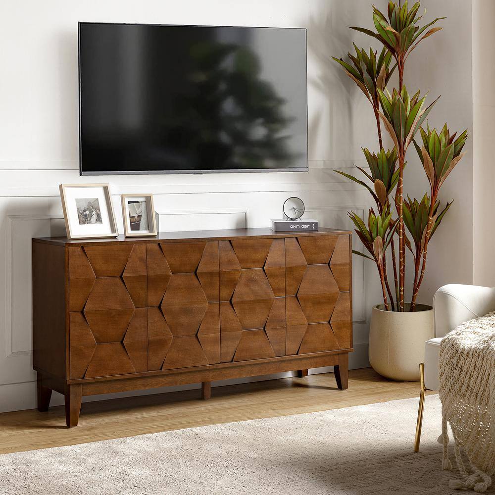 JAYDEN CREATION Kamis Modern Walnut 60 in. Hexagonal Embellishments Sideboard with Solid Wood Legs SBHM0574-WALNUT