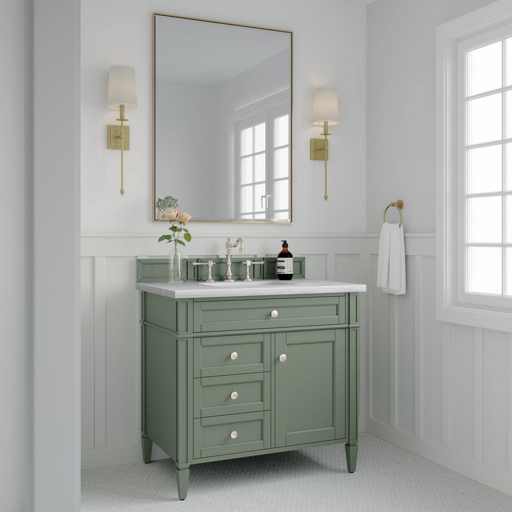 James Martin Vanities Brittany 36.0 in. W x 23.5 in. D x 33.8 in. H Bathroom Vanity in Smokey Celadon with Arctic Fall Solid Surface Top 650-V36-SC-3AF