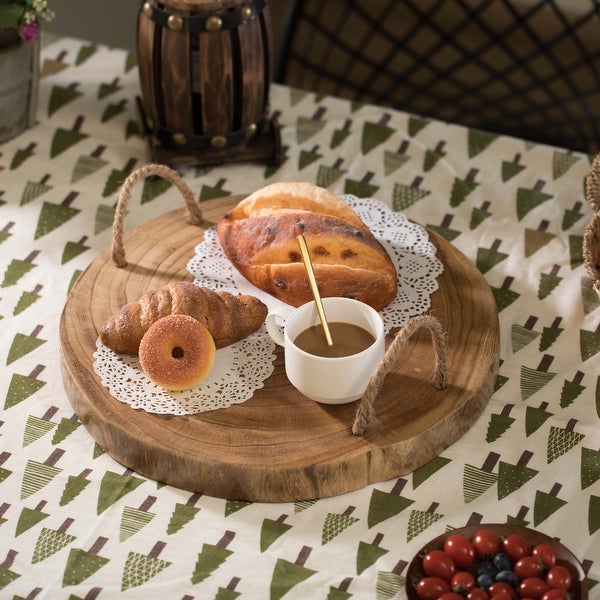 Wood Round Tray Serving Platter Board with Rope Handles