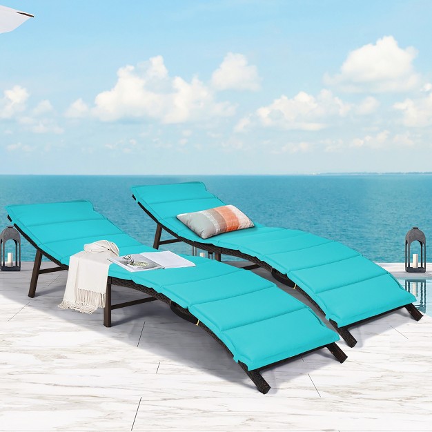 Costway 2pcs Patio Rattan Folding Lounge Chair Chaise Double Sided Cushion Turquoise