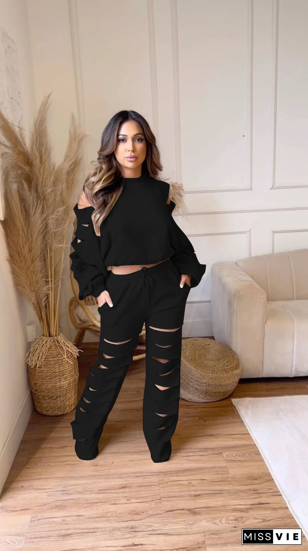 Cut Out Holes Long Sleeve T-shirt and Pants Outfits