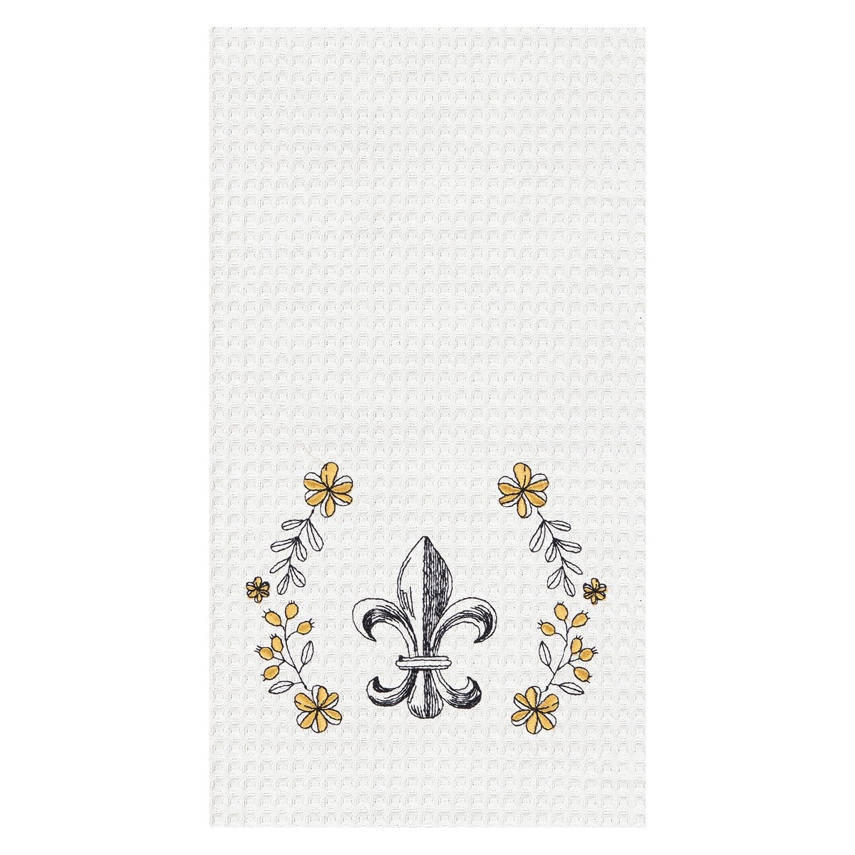 Fleur De Lis Black and Yellow Floral 27 x 18 Cotton Fabric Waffle Weave Kitchen Dish Towel