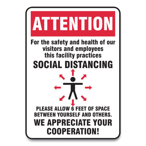 Accuform Social Distance Signs， Wall， 10 x 14， Visitors and Employees Distancing， Humans/Arrows， Red/White， 10/Pack (MGNG906VPESP)