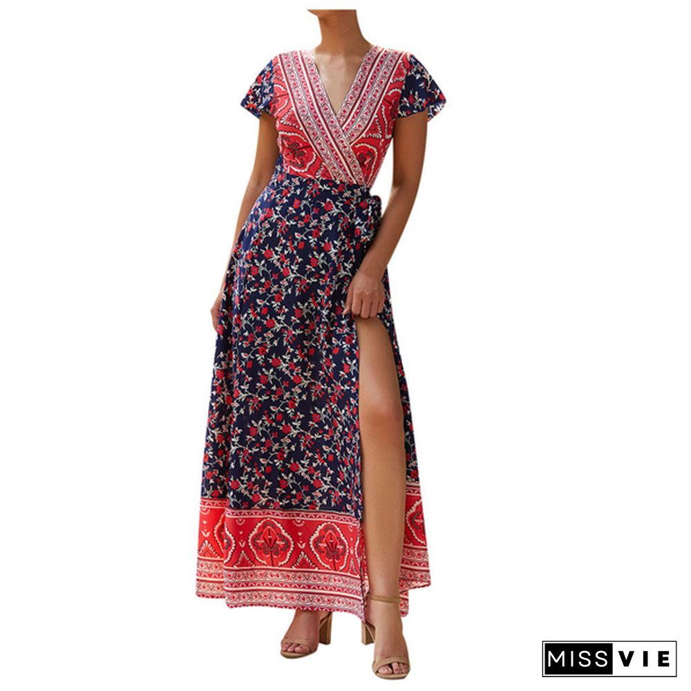 New Summer Women Fashion Floral Print Sexy Deep V Neck Short Sleeve Evening Party Long Casual Maxi Dresses With Belt Boho Beach Sundress, Kleid, Robe de femme