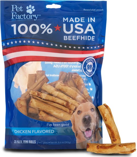 Pet Factory Beefhide 3 to 3.5-inch Mini Rolls Chicken Flavored Dog Hard Chews， 35 count