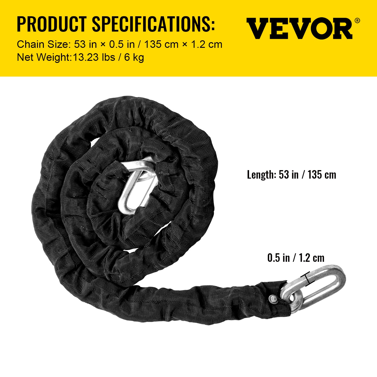 VEVOR Heavy Duty Chain Lock， 1/2 inch x 4.42 feet Security Chain and Lock Kit， Premium Case-Hardened Chain Pure Brass Lock Core with 3 Keys， Fit for Motorcycle， Generator， Gates， Bicycle， Scooter