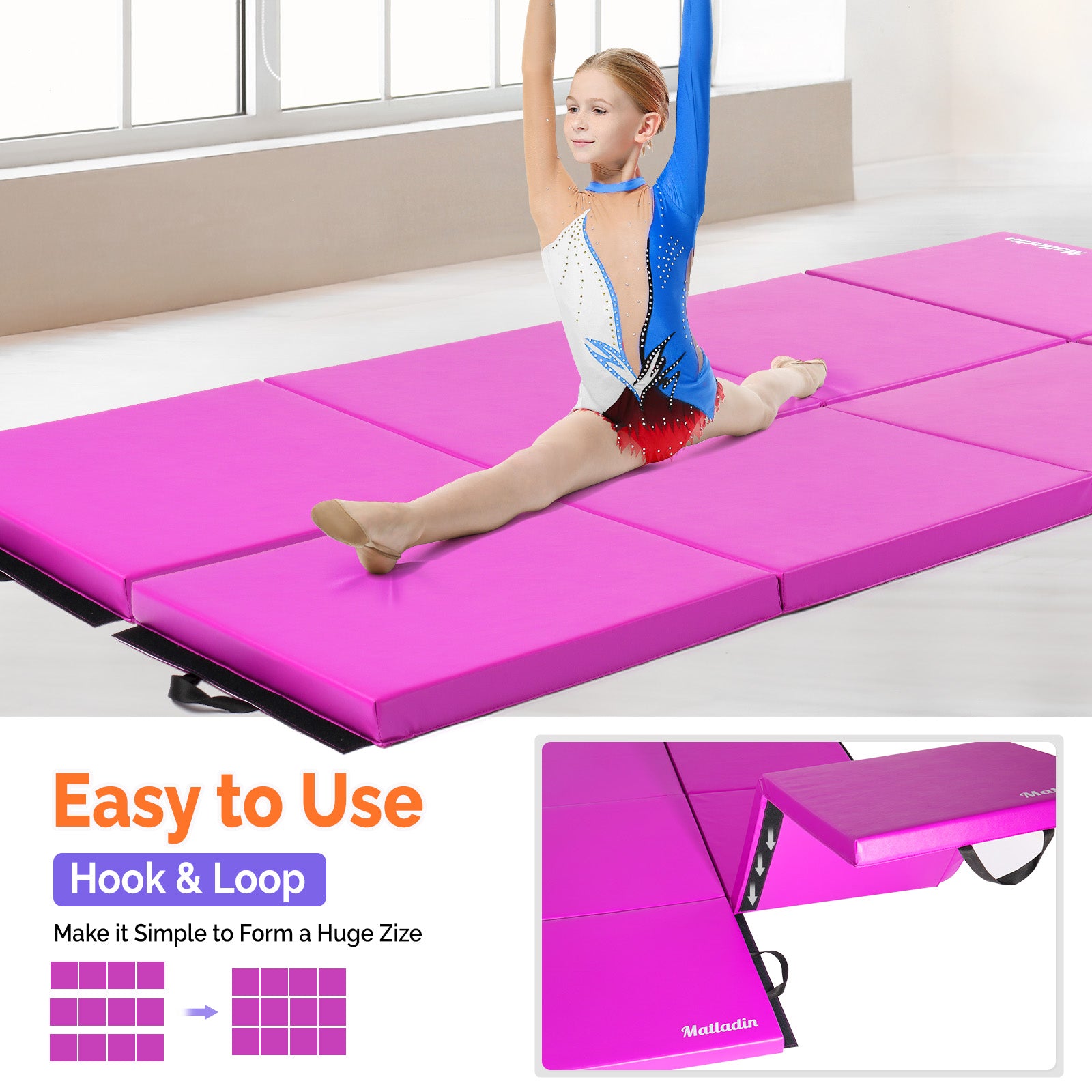 Matladin 6/8FT Folding Gymnastics Gym Exercise Aerobics Yoga Mat Leather Tumbling Mats