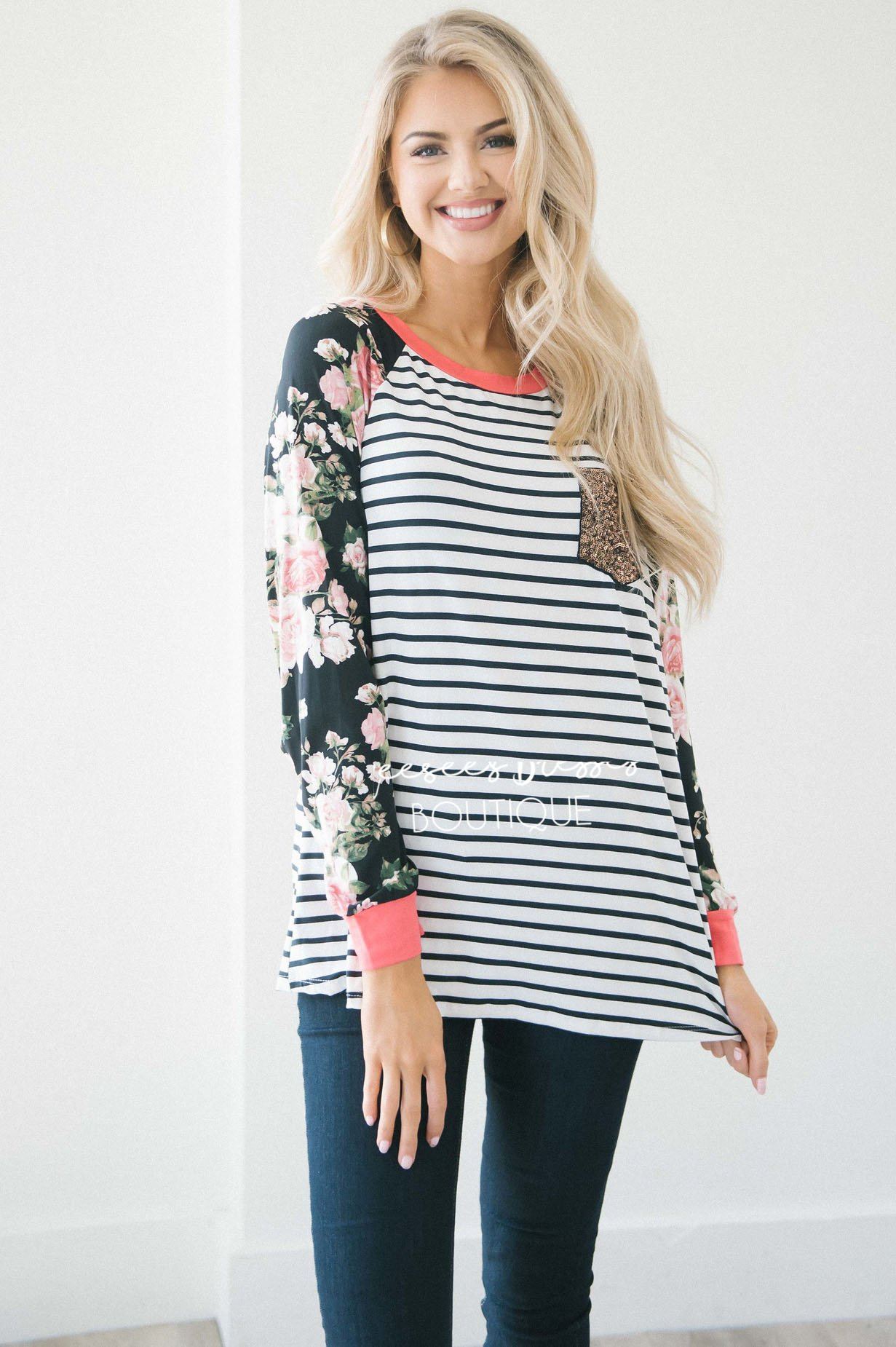 Sequin Pocket Striped Floral Sleeve Top