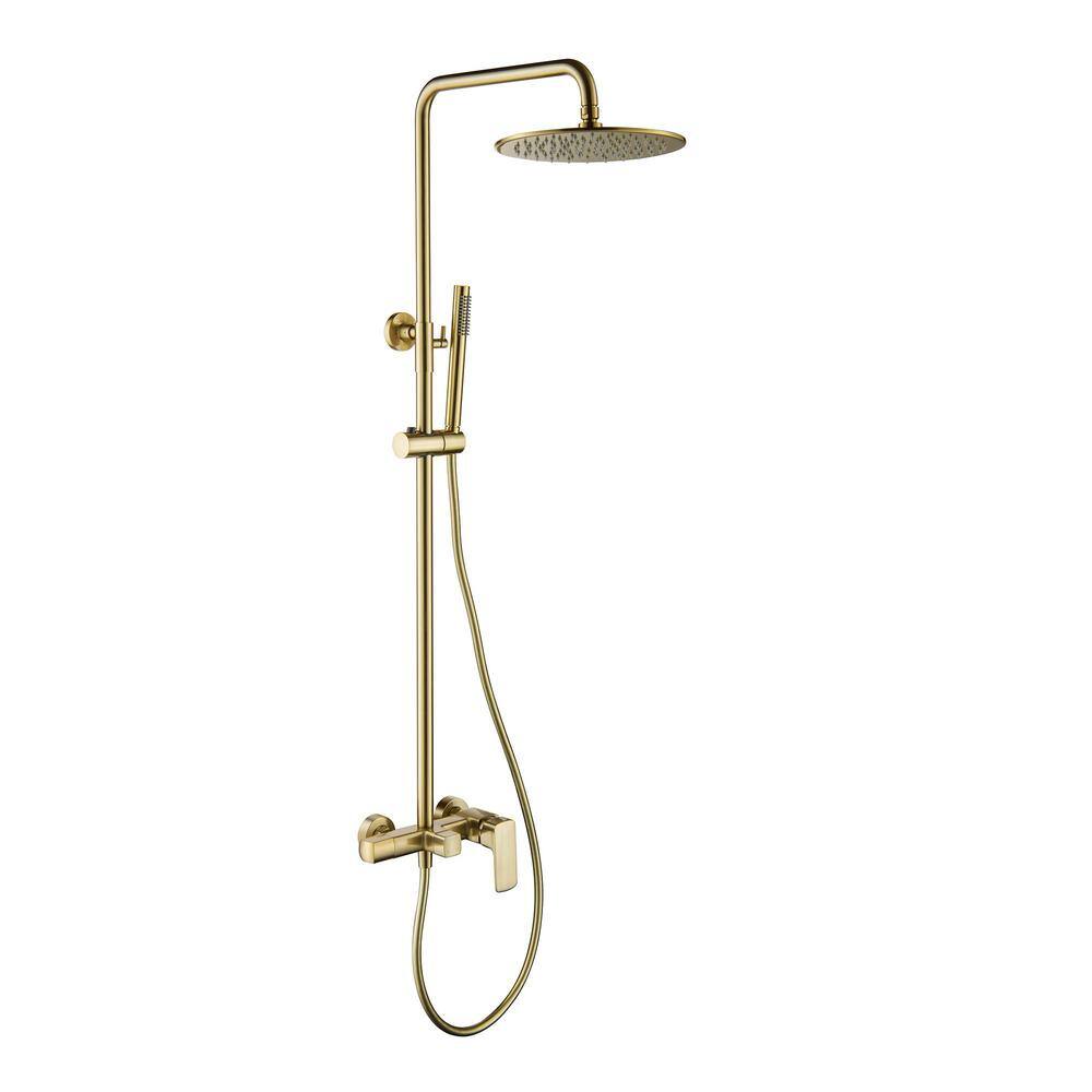 IHOMEadore 1-Spray Patterns with 1.8 GPM 10 in. Wall Mount Dual Shower Heads with Handheld Shower Head Set in Brushed Gold JK-RWST81005BG