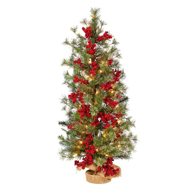 Nearly Natural 3’ Berry And Pine Prelit Artificial Christmas Tree In Burlap Wrapped Base