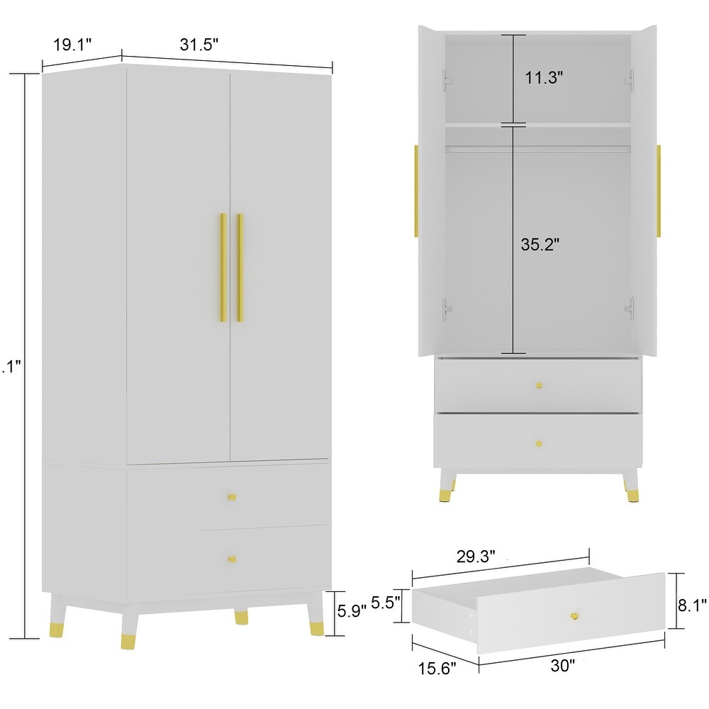 Wardrobe Closet Armoire with 2 Doors Wooden Clothes Storage Cabinet