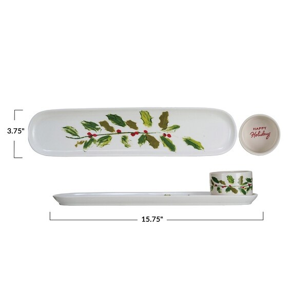 Stoneware Happy Holidays Platter and Dish with Holly Leaves，Set of 2