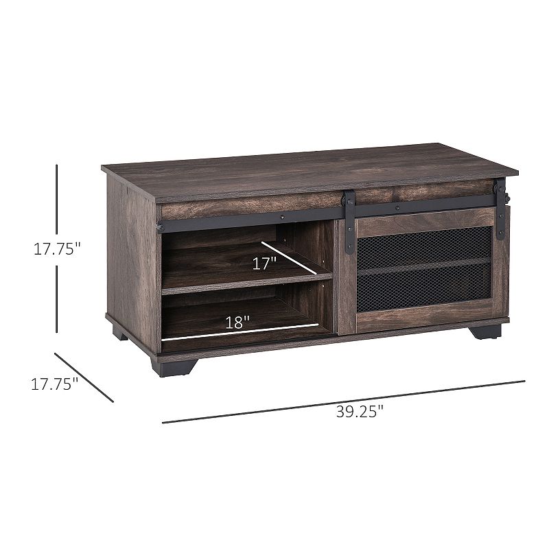 HOMCOM Farmhouse Coffee Table with Sliding Mesh Barn Door Storage Cabinet and Adjustable Shelves for Living Room Dark Brown