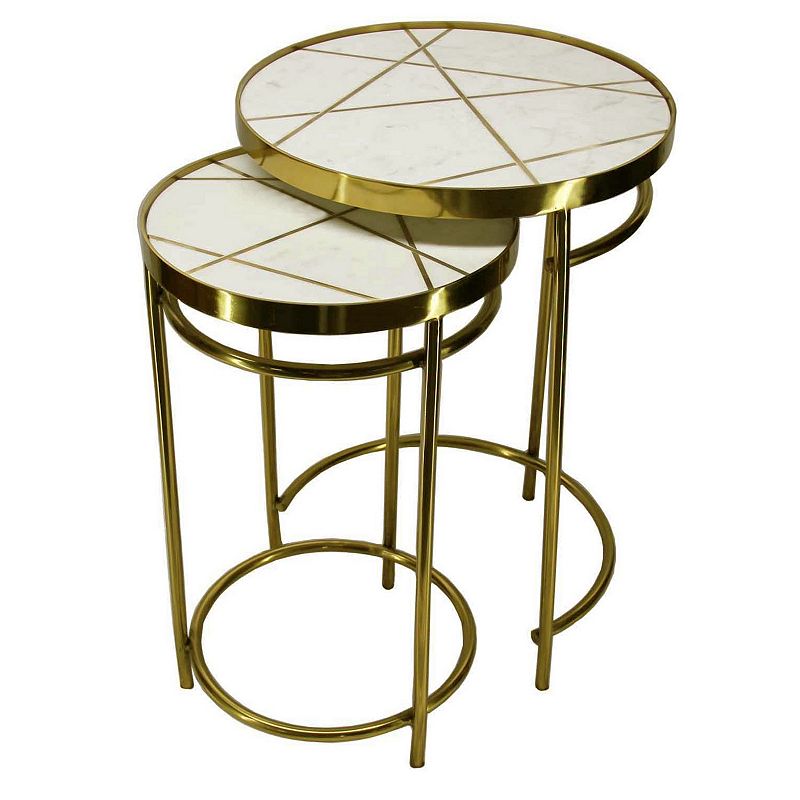 22， 20 Inch Round 2 Piece Marble Top Nesting End Table Set with Metal Frame， Brass Inlay， White