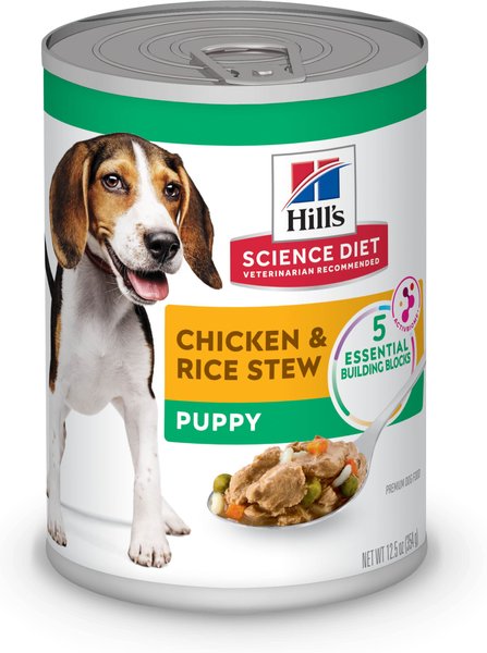 Hill's Science Diet Puppy Chicken and Rice Stew Recipe Wet Dog Food， 12.5-oz can， case of 12