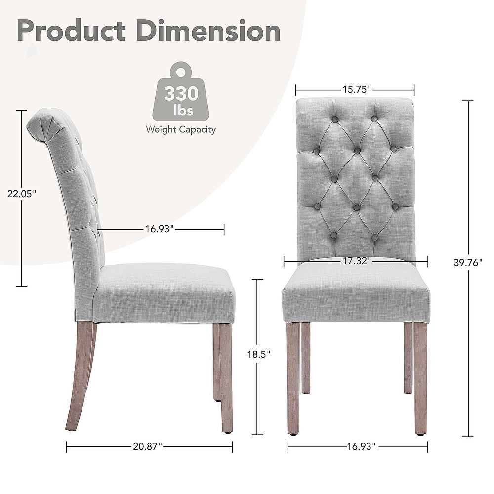 Set of 2 Classic Fabric Dining Chair with Solid Wooden Legs Cushioned Dining Chairs  Button Tufted Upholstery  Grey