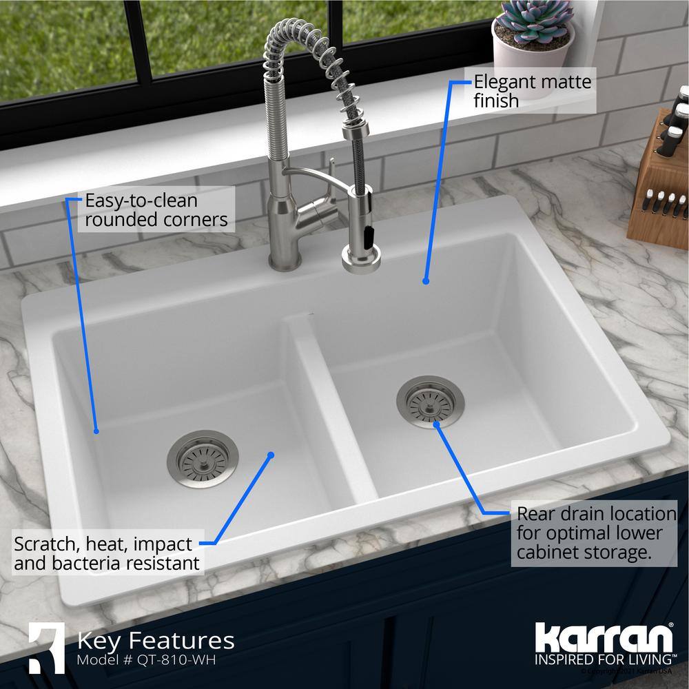 Karran QT-810 QuartzGranite 33 in. Double Bowl 5050 Top Mount Drop-in Kitchen Sink in White with Bottom Grid and Strainer QT-810-WH-PK1