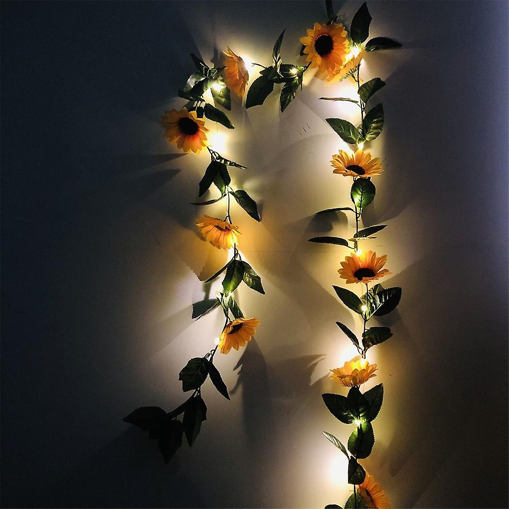 2m 20leds Sunflower Garland String Lights Artificial Green Leaf Vine Copper Fairy Light For Garden Wedding Party Xmas Decoration