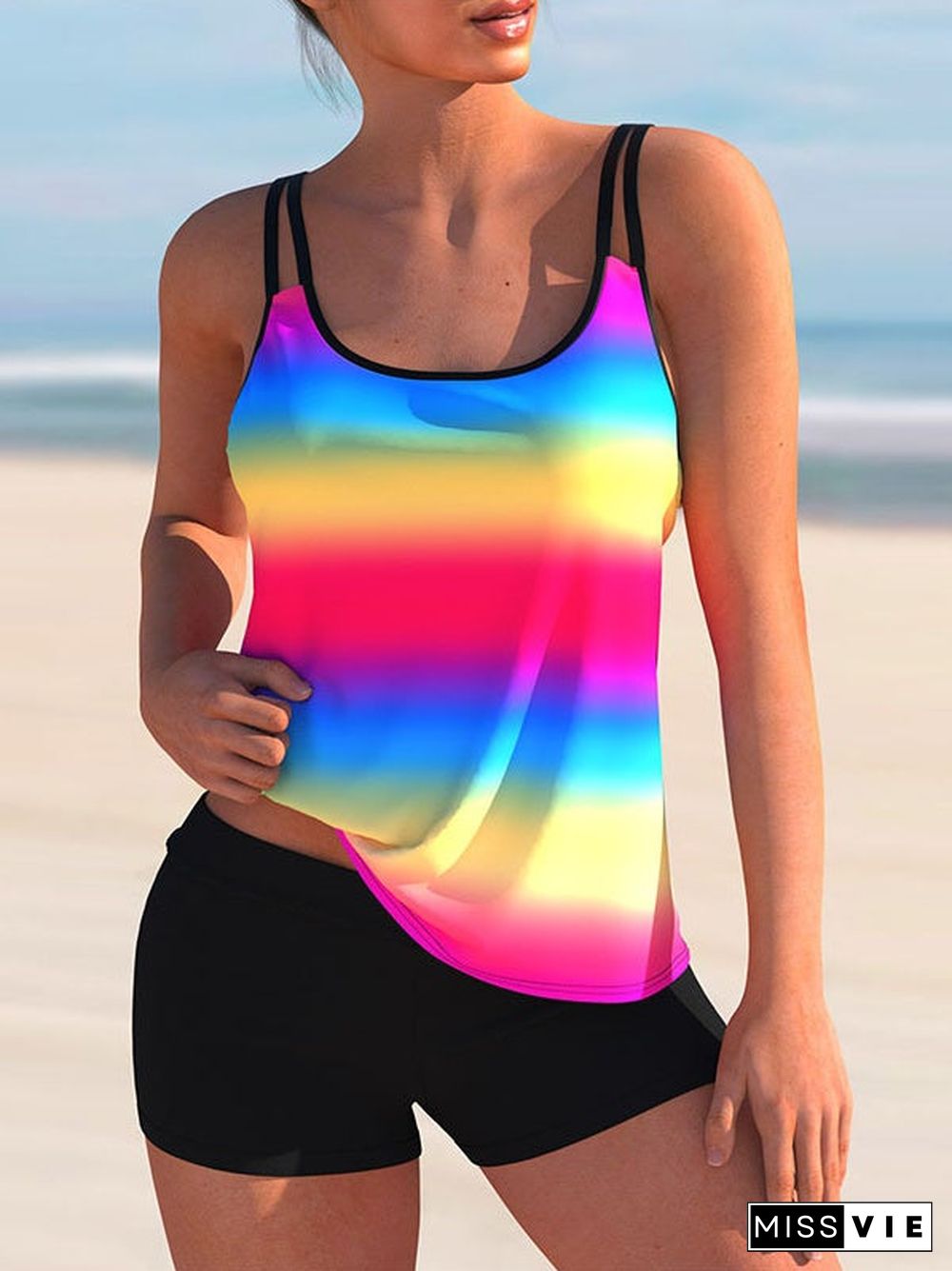 Plus Size Swimwear Sleeveless Colorblock Graphic Printed Tankini