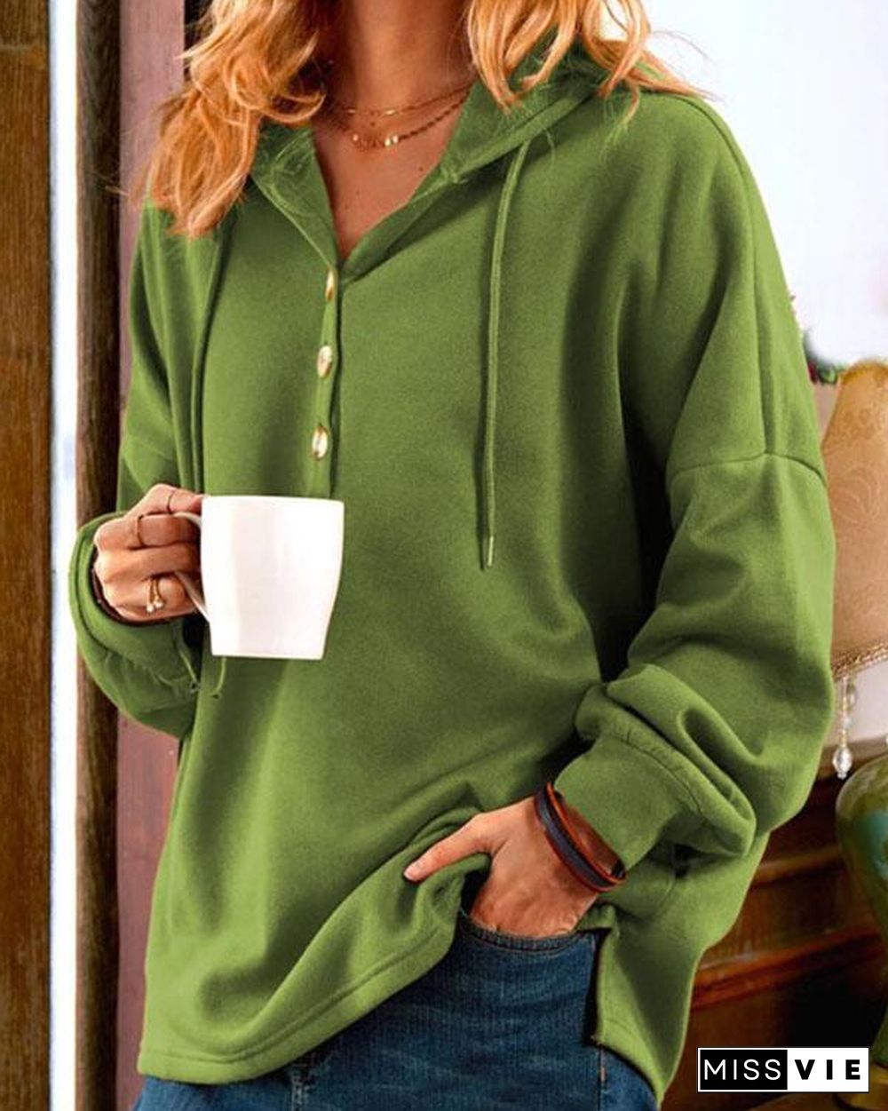 Plain Color Women's Button Hoodie Casual Pullover