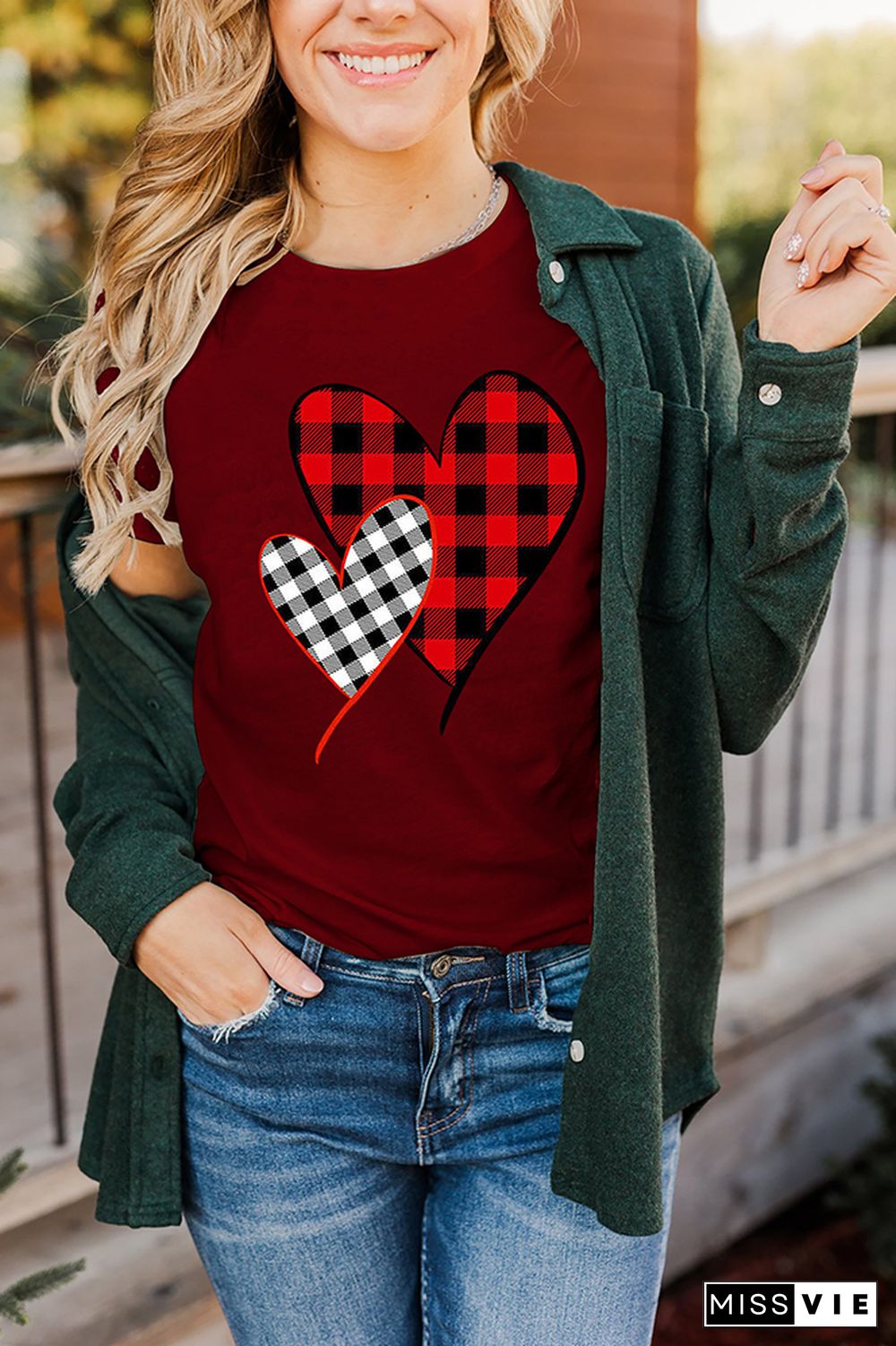 Valentine's Day Plaid Heart Print Short Sleeve Graphic Tee Wholesale