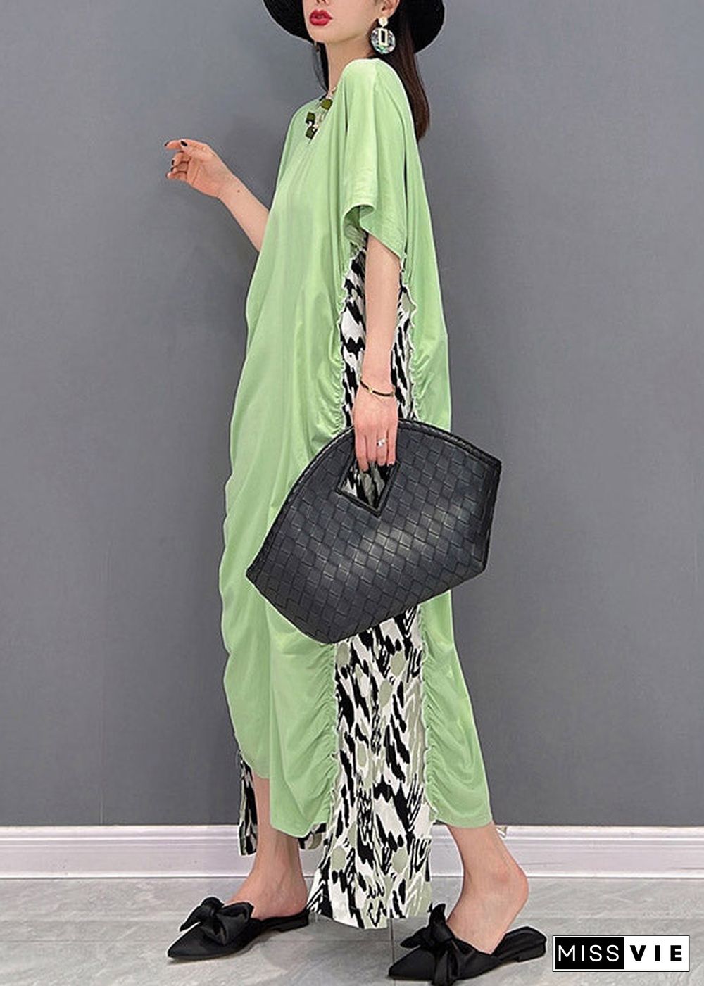 Slim Fit Green O-Neck Asymmetrical Patchwork Wrinkled Chiffon Dress Short Sleeve