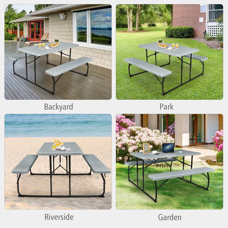 4-Person Folding Picnic Table Bench Set with Wood-like Texture & Metal Frame, Portable Outdoor Camping Dining Table Set