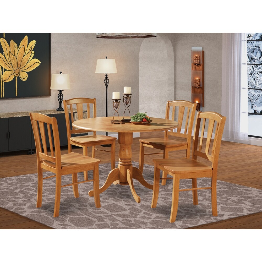 East West Furniture 5 Piece Kitchen Table Set  a Round Dining Room Table with Dropleaf and 4 Dining Chairs  Oak