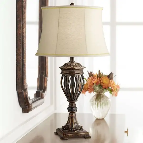 Traditional Table Lamp Bronze Open Urn Tan Fabric Shade - 17