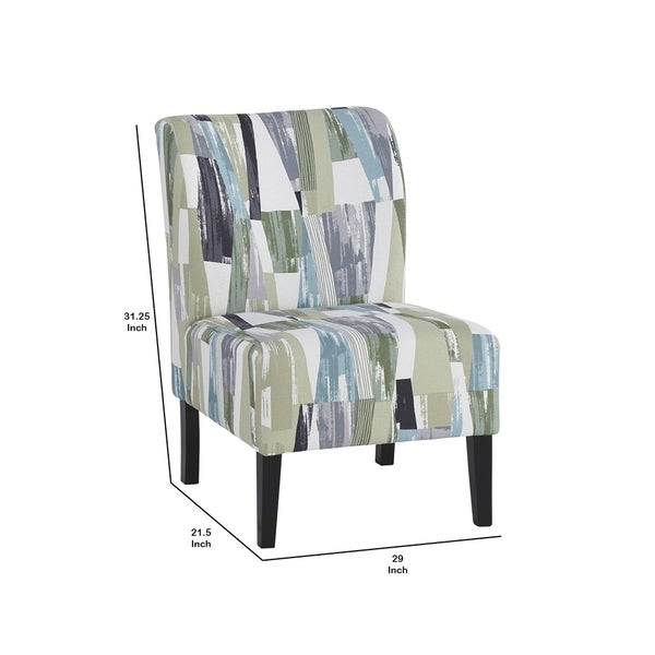 Wooden Armless Accent Chair with Patterned Fabric Upholstery， Multicolor