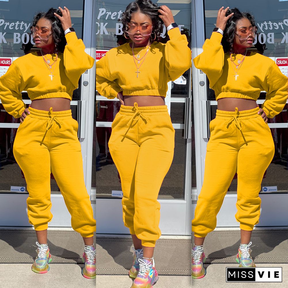 Thicken Long Sleeve Crop Top Sweatpants Set