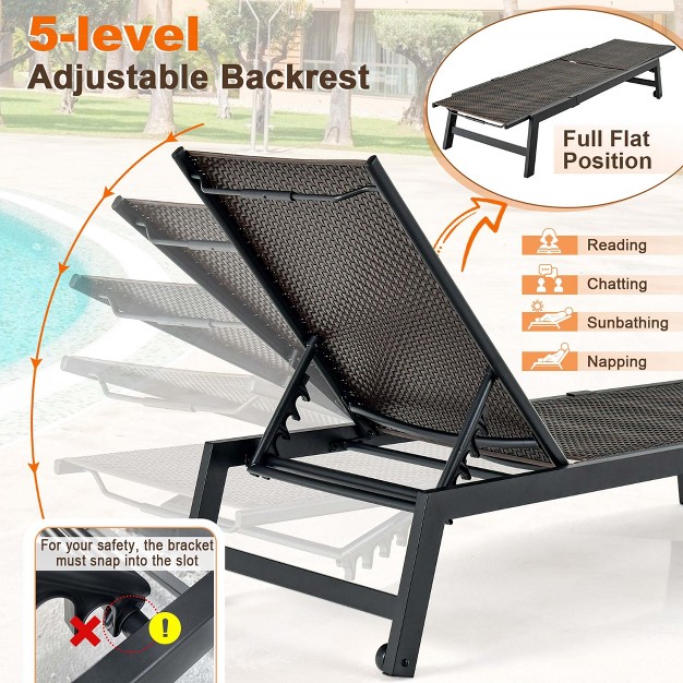 Costway Patio Galvanized Steel Chaise Lounge With Wheels Outdoor Pe Rattan Recliner Chair